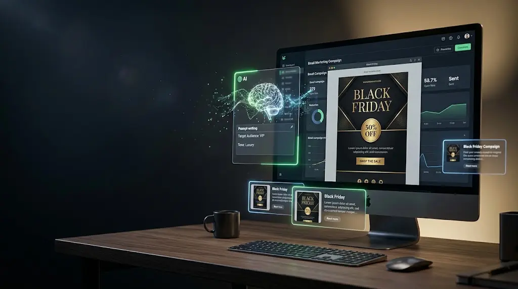 AI-powered Black Friday email marketing campaign displayed on a computer screen, featuring promotional email designs and sales copywriting concepts.