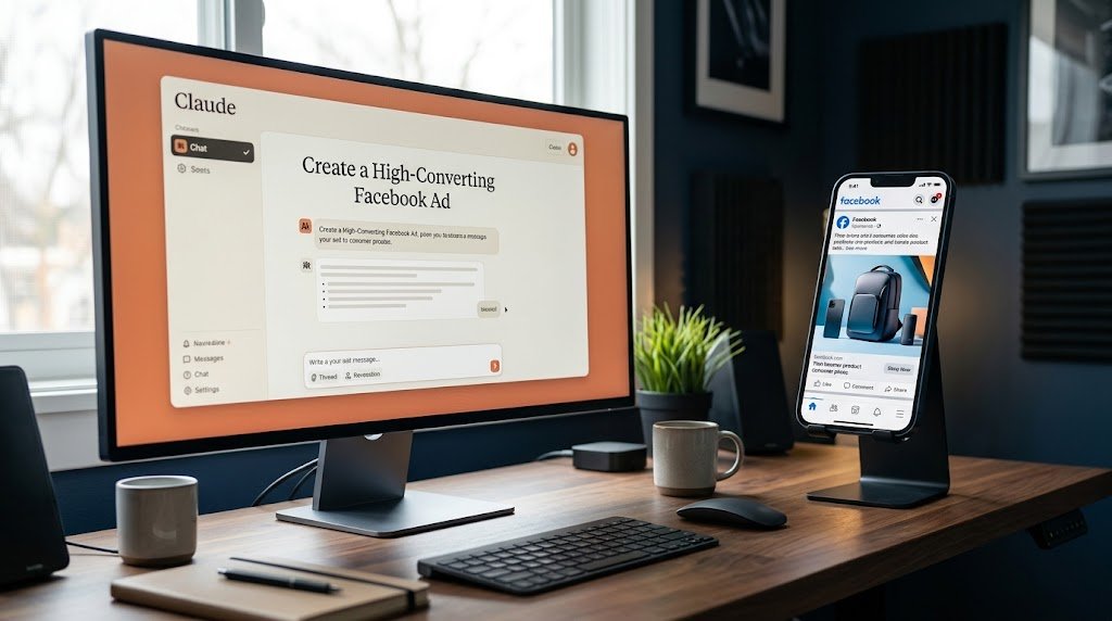 Claude 3.5 AI creating high-converting Facebook ad copy on a computer beside a smartphone displaying a Facebook advertisement.